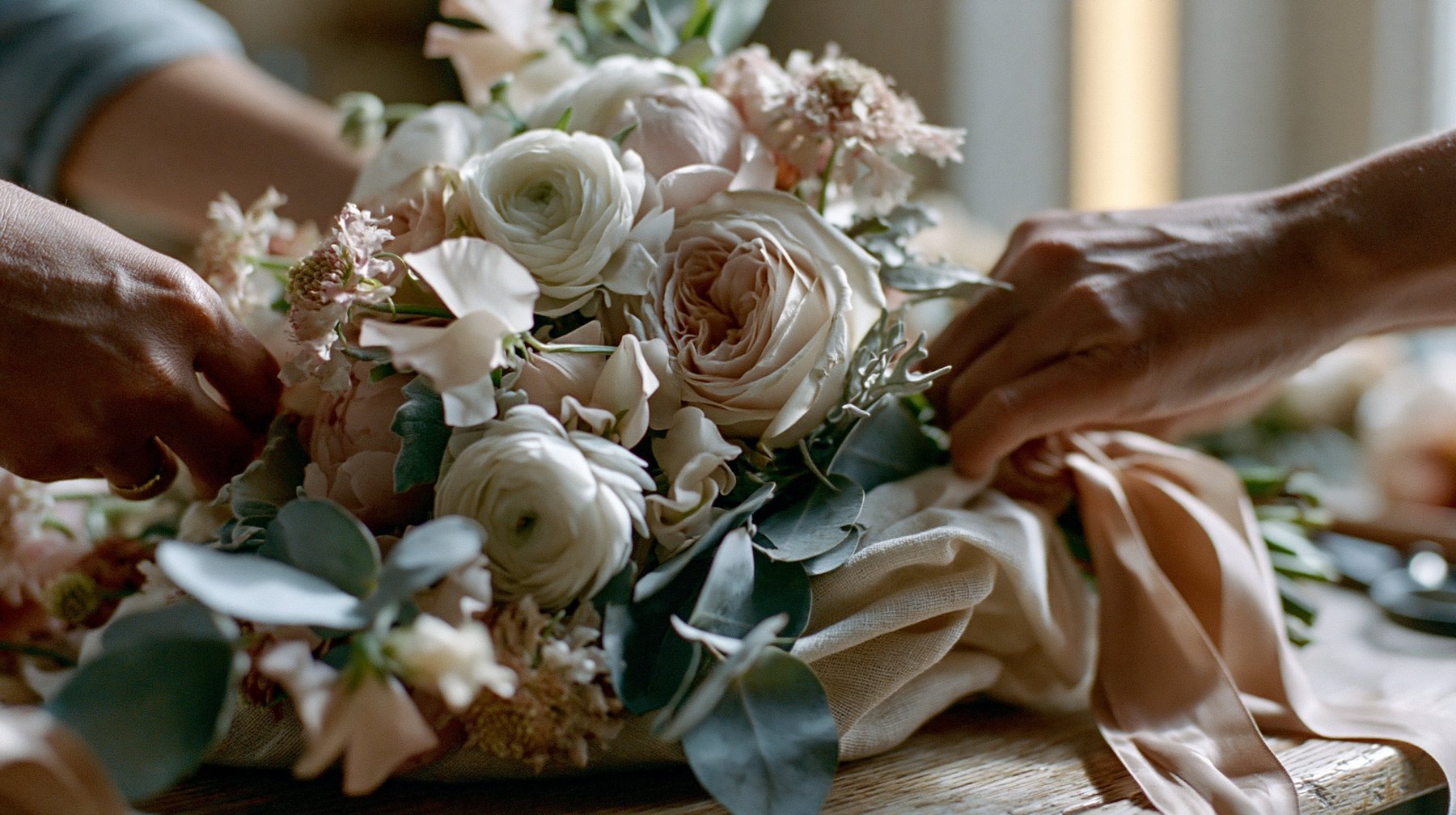 Florist hands arranging a luxury garden bouquet with cream linen wrap
