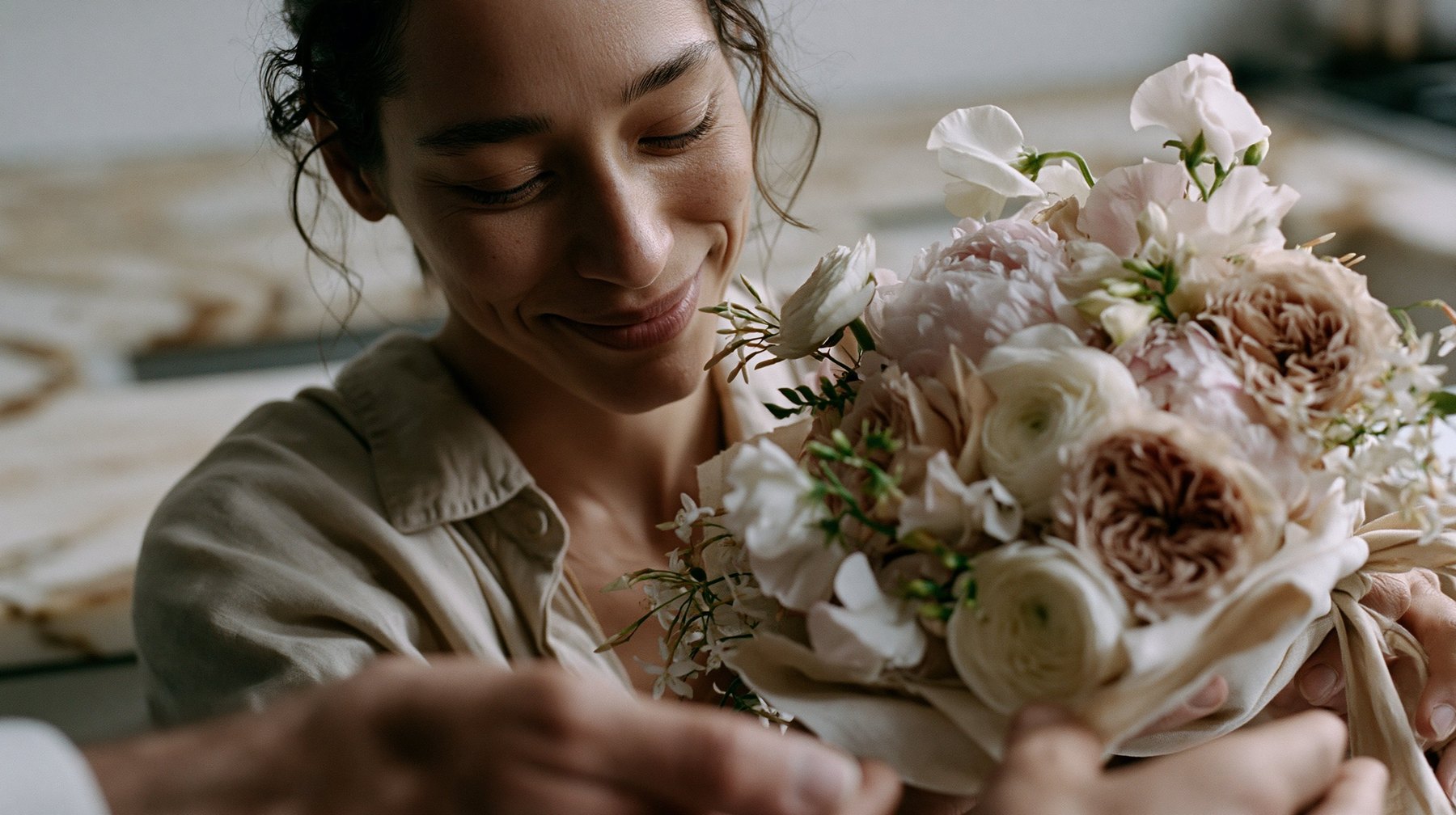A woman smiling softly as she receives a luxury garden bouquet